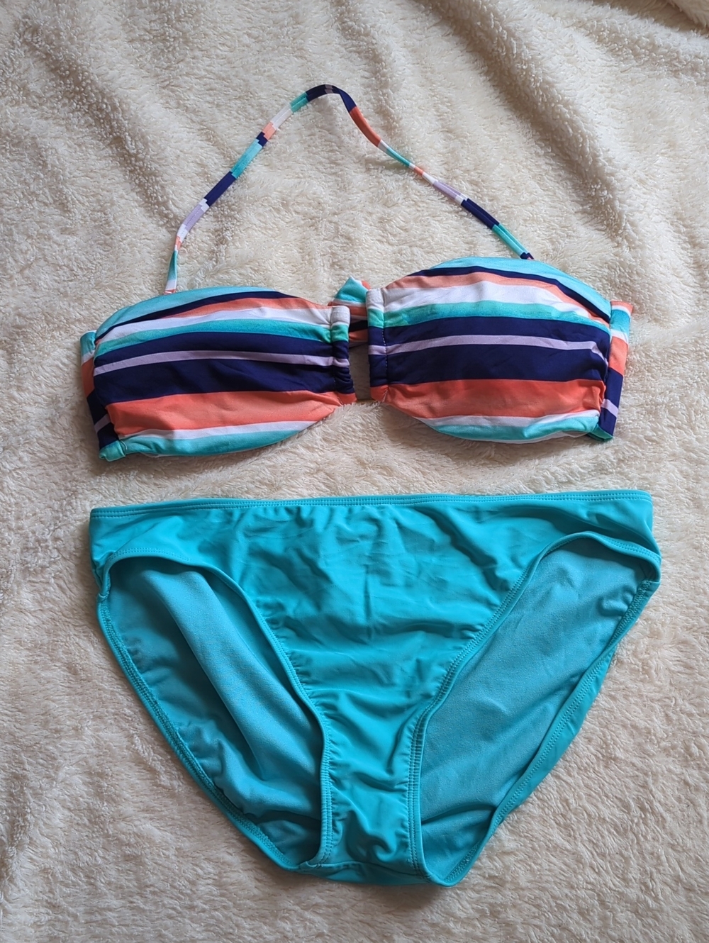 Striped Bandeau Swim Top and Aqua Bikini Bottom - Women Swim